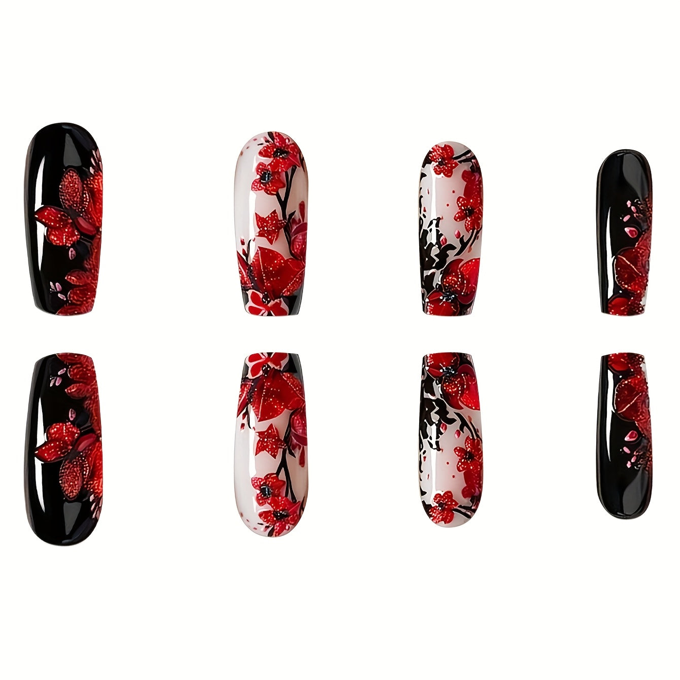 A box of 24 long coffin-shaped nails, black and nude with red 3D floral design and sequin embellishments, nail sticker set, with nail file and jelly glue. Suitable for all women, perfect for daily, festival and party use