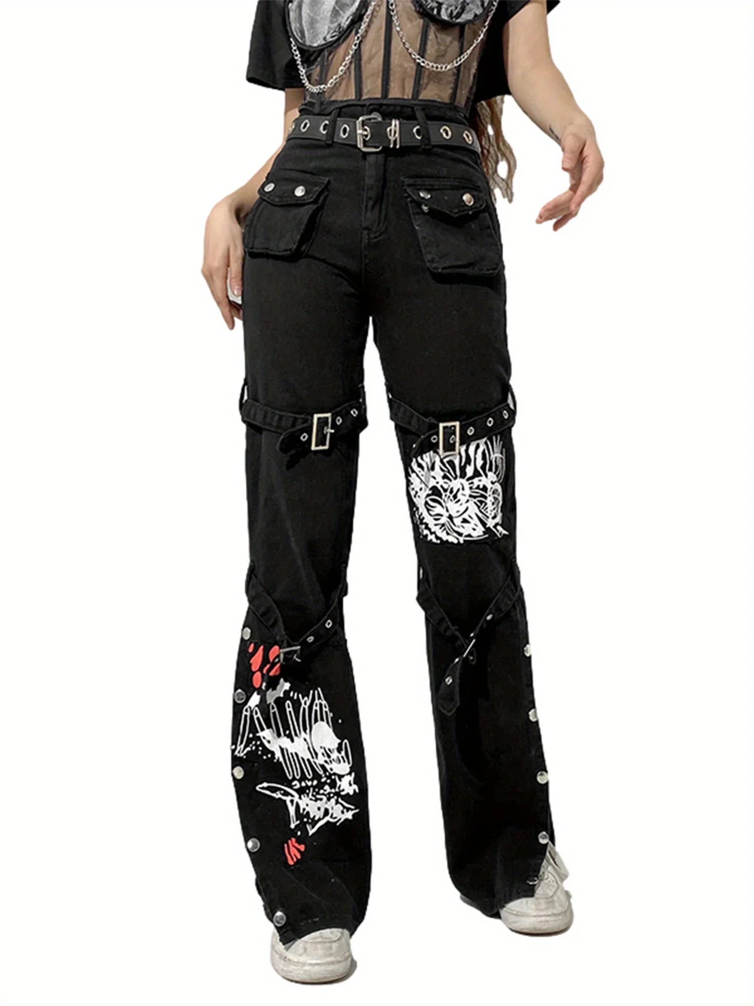 Women High Waist Jeans with Metal Buckle Belt, Lengthened Style Street Dark Spring Clothing