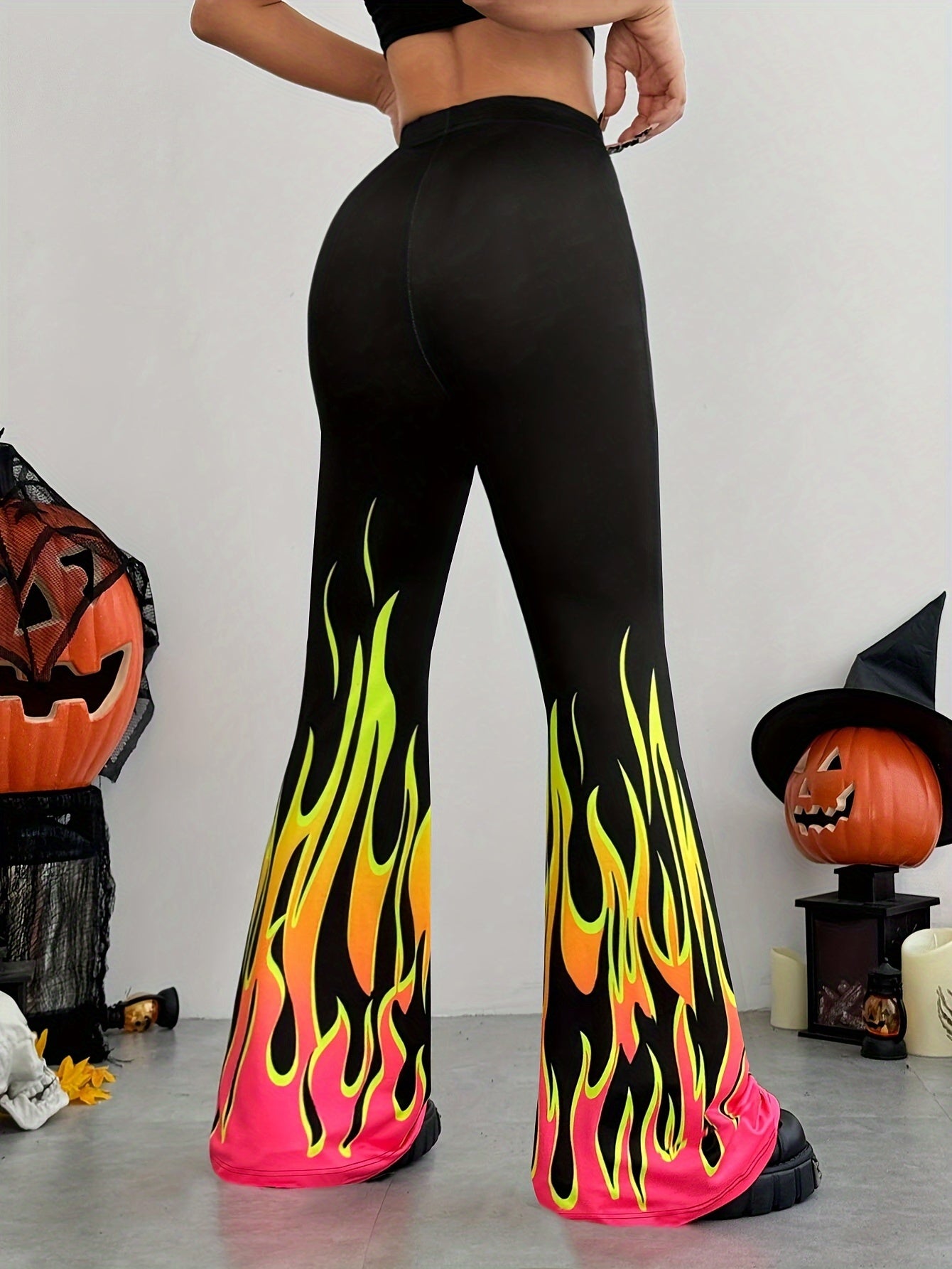 Women's High Waist Flame Print Bell Bottom Pants - Polyester Knit Fabric, Stretchy, Casual Style, All-Season, Fitted Flare Leggings