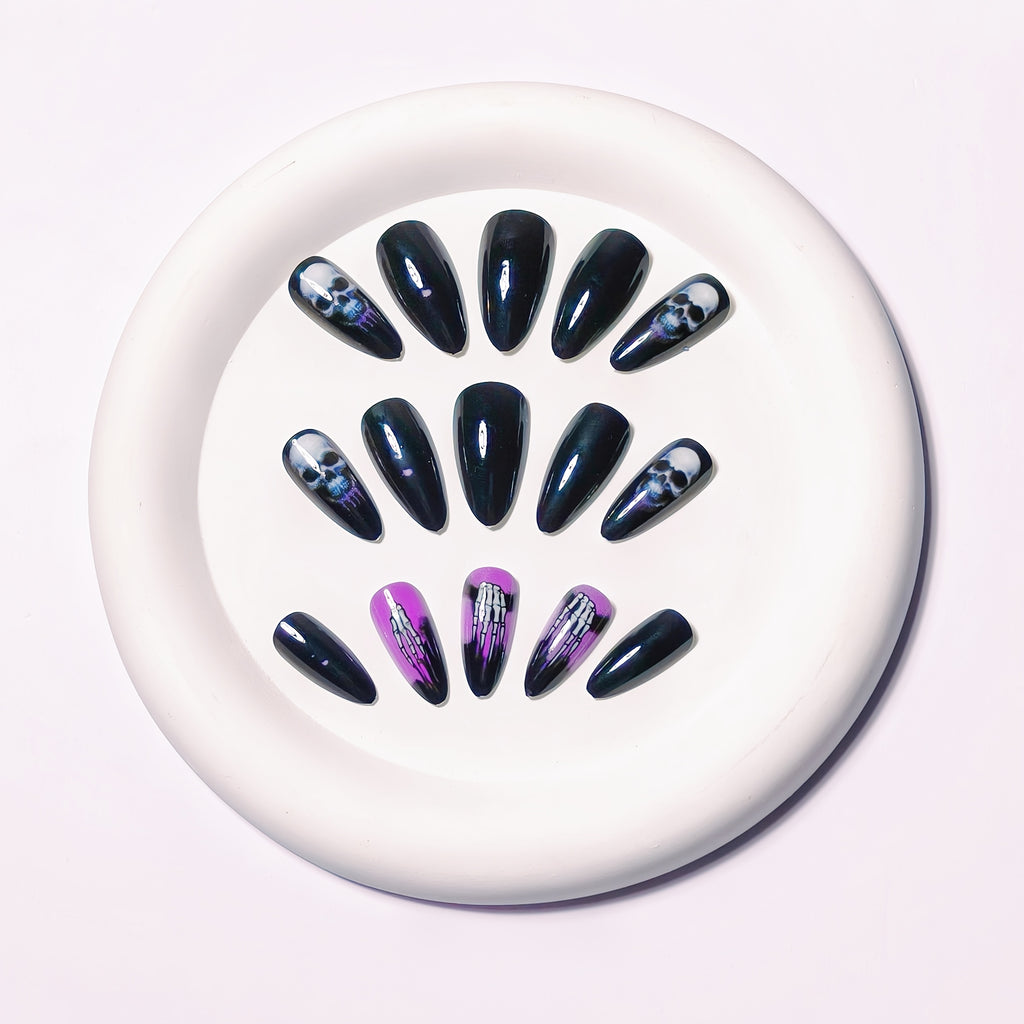 Halloween-Themed Women'S False Nails - Black & Purple Almond Shape with Skulls, Bones, and Smoky Design, Removable Press-On Nails for Festive Manicures, Halloween Nail Art, Glossy Finish Nails