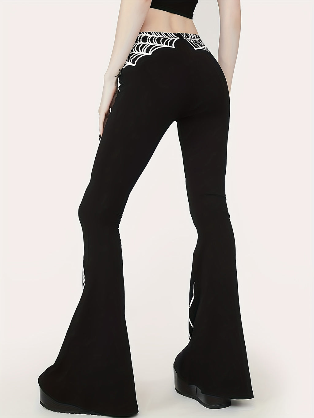 Women'S High-Waist Stretchy Flare Pants with Spider & Web Print - Sexy Black & White Design, Slim Fit, All-Season Comfort, Perfect for Casual or Stylish Outfits, High Waisted Leggings, Halloween Costume Women, Halloween Trouser Women, Halloween Pant Wome