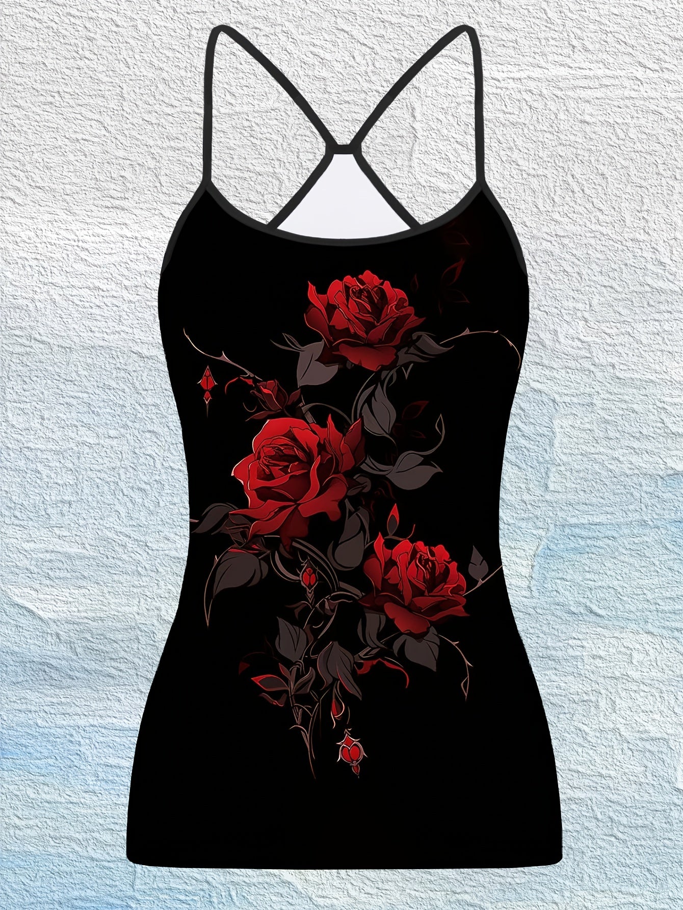 2pcs Women's Elegant Sleeveless Tank Tops - Black Floral Print with Red Roses & Green Leaves, Stretchy Comfort Fit, Round Neck, Machine Washable for Spring Summer Fall Casual & Formal Wear, Ladies Tank Tops, Round Neck Top, Stretchy Fabric