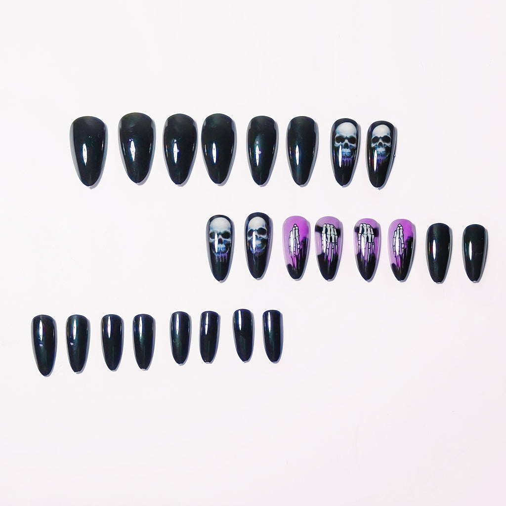 Halloween-Themed Women'S False Nails - Black & Purple Almond Shape with Skulls, Bones, and Smoky Design, Removable Press-On Nails for Festive Manicures, Halloween Nail Art, Glossy Finish Nails
