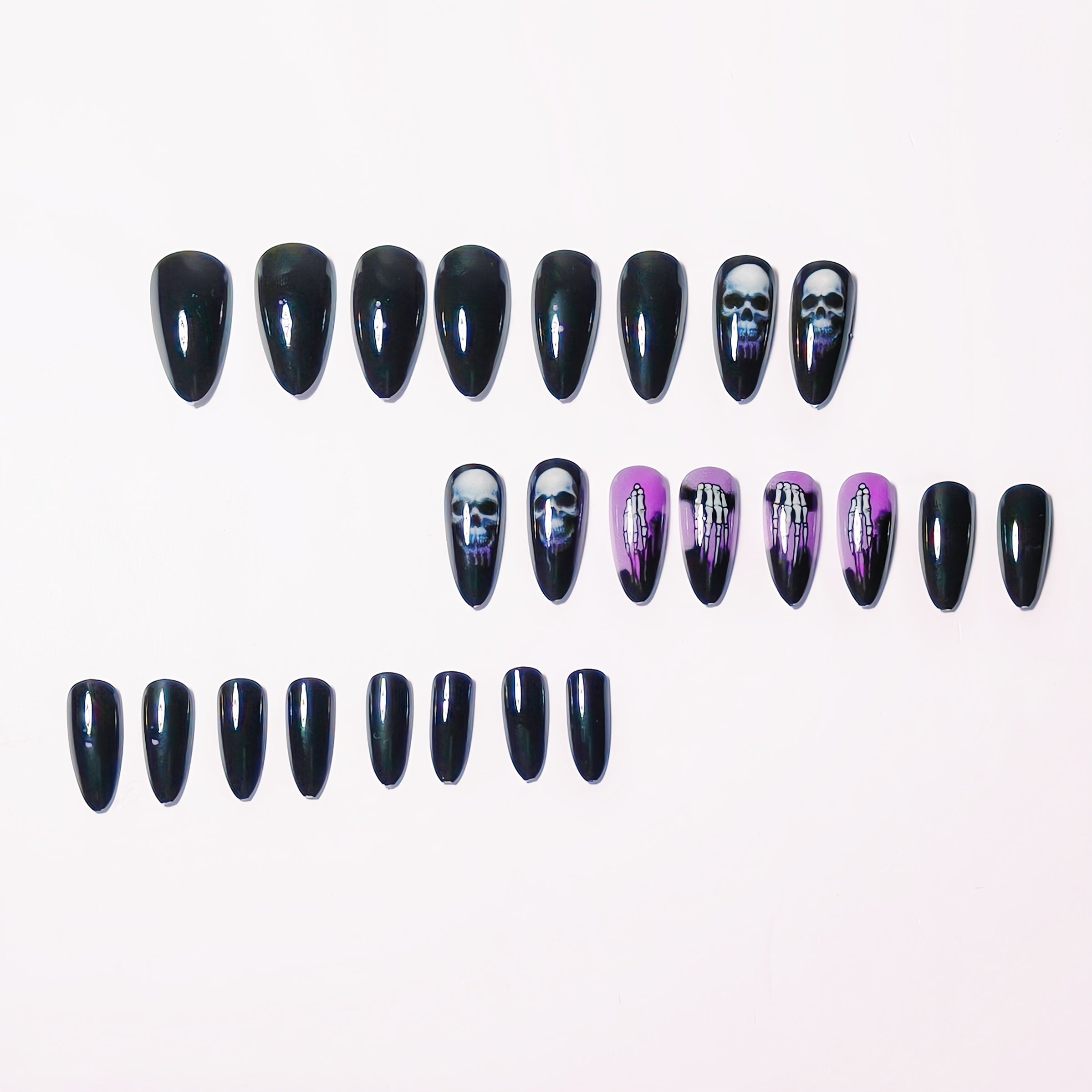 Halloween-Themed Women'S False Nails - Black & Purple Almond Shape with Skulls, Bones, and Smoky Design, Removable Press-On Nails for Festive Manicures, Halloween Nail Art, Glossy Finish Nails