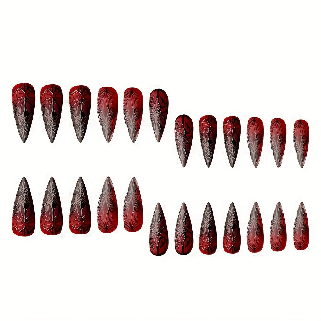 24pcs Almond-Shaped Fake Nails with Dark Crimson Gradient Cool Unique Patterns, Suitable for All Women and s. Comes with Nail Buffers and Jelly Glue in the Box for Easy Application