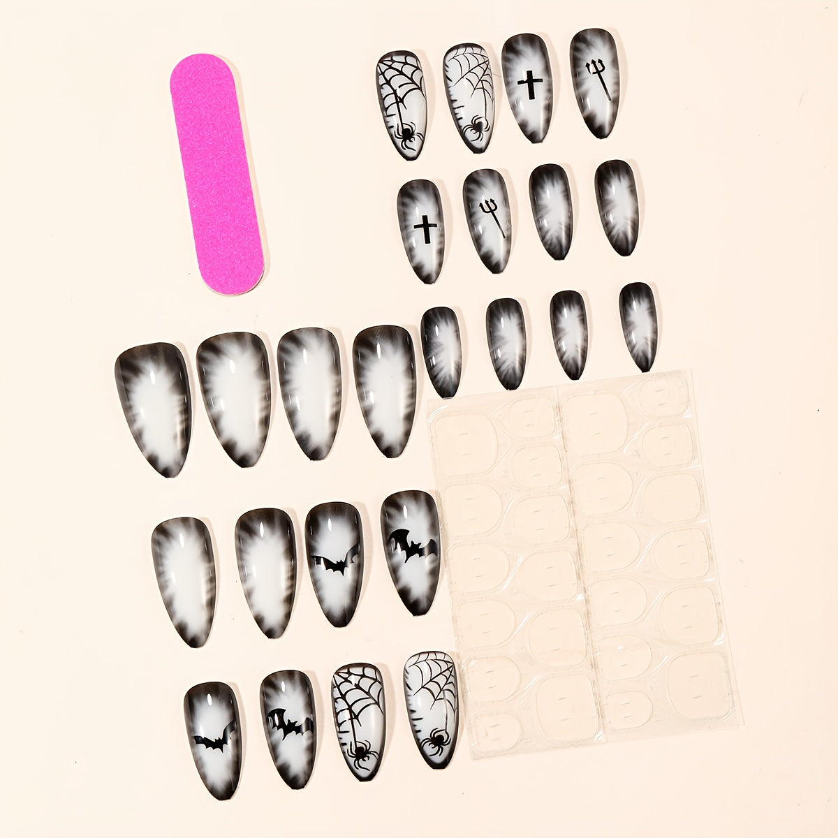 24pcs Halloween nails almond-shaped Gothic cross bat spider web gradient design Glossy full-coverage press false nails are suitable for Women's holiday party nail decoration