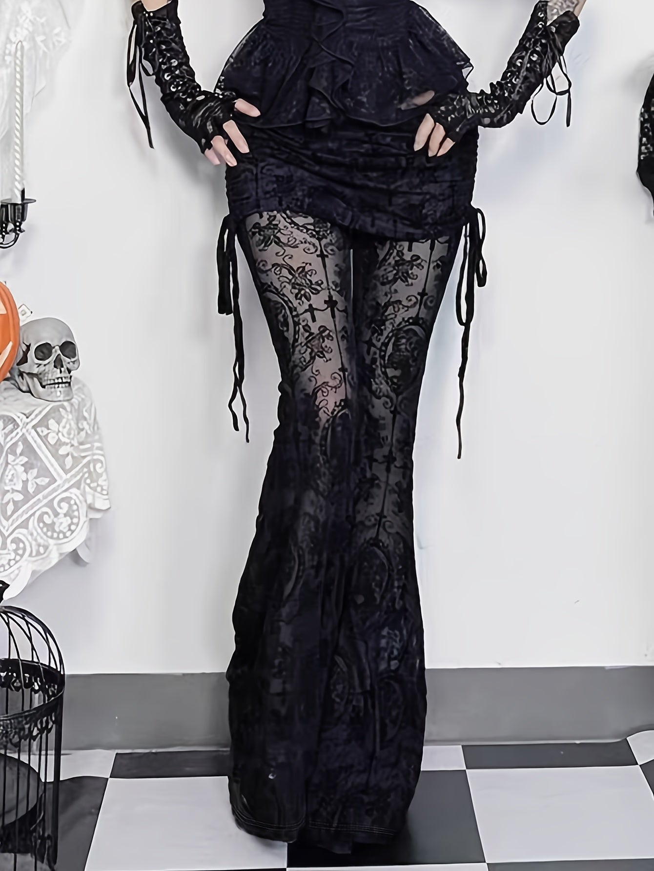 Women'S Gothic Halloween Flare Pants - Dark Vintage Gothic Pants with Drawstring Waist, Flared Legs for Halloween Costume, Party Outfit - All-Season Formal & Casual Attire - Non-Belted Fit for Easy - Gothic Fashion Pants, Goth Accessories, Themed Event A