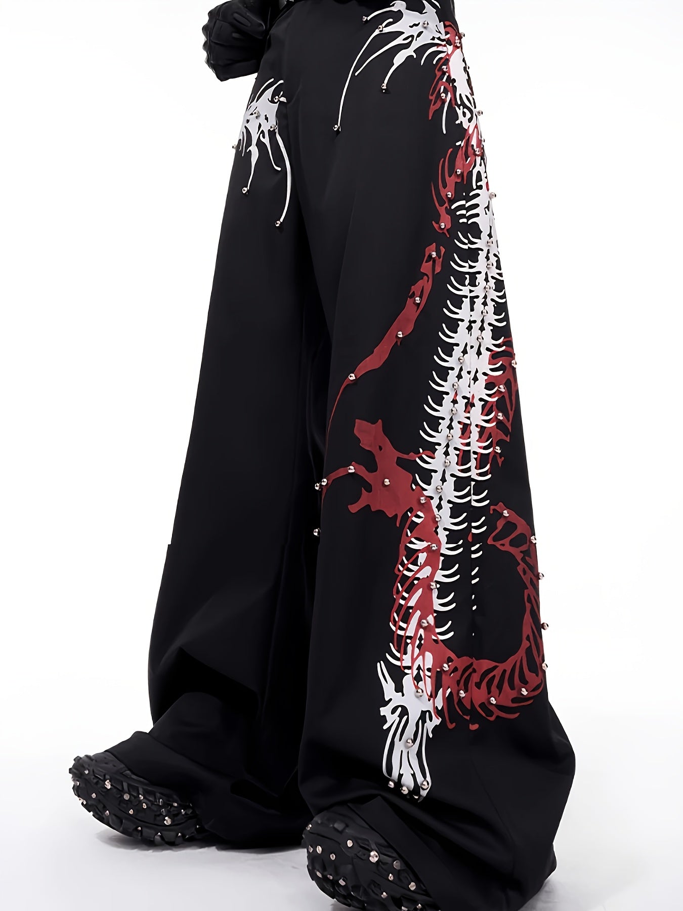 Women'S Y2K Style Black Cargo Pants with Red & White Dragon Print, Zipper Detail, and Black Gloves - Edgy Halloween Costume Pants for All Seasons, Halloween Costume Pants | Y2K Fashion Pants | Zipper Detail Pants, Gothic Tee, Gothic Gift Idea, Fancy Camo