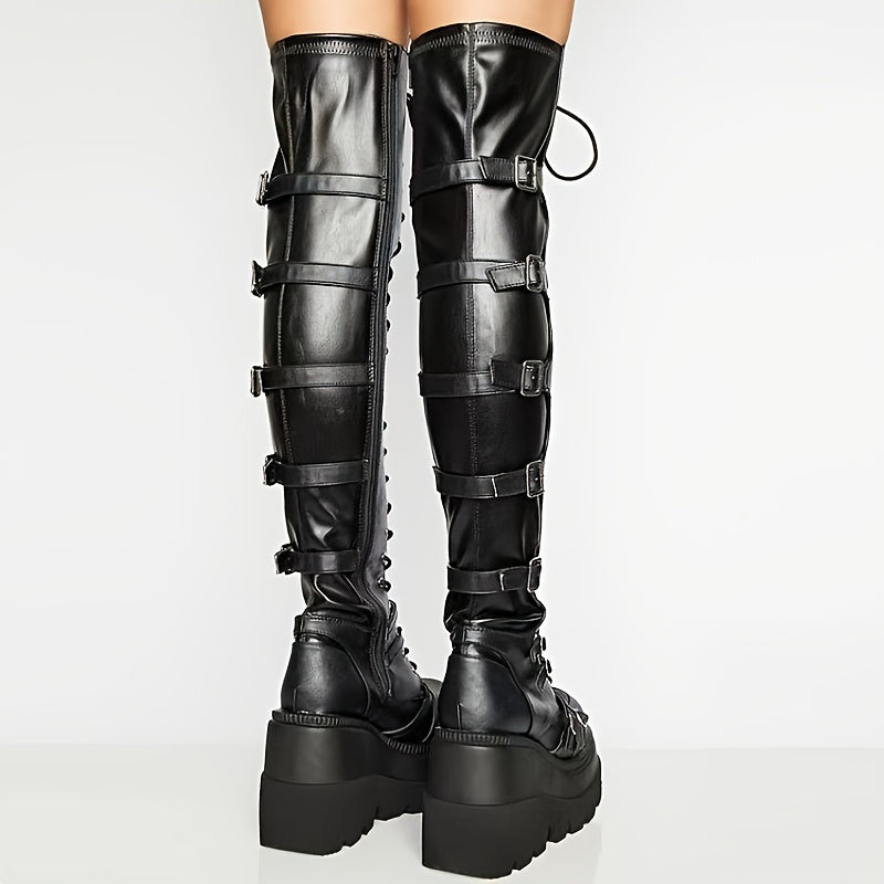 Women'S Punk Rock Boots with Thick Platform Sole - Gothic Heavy Boots, Chunky Mid-Heel, Lace-Up Closure, Synthetic Cover-like Upper - Edgy Boots for Concerts, Parties, Everyday - All-Season Statement Footwear, Party Footwear, Metallic Eyelets Design