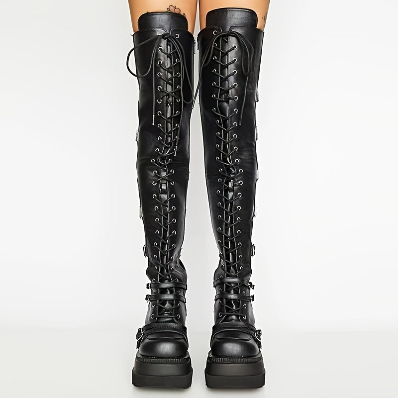 Women'S Punk Rock Boots with Thick Platform Sole - Gothic Heavy Boots, Chunky Mid-Heel, Lace-Up Closure, Synthetic Cover-like Upper - Edgy Boots for Concerts, Parties, Everyday - All-Season Statement Footwear, Party Footwear, Metallic Eyelets Design