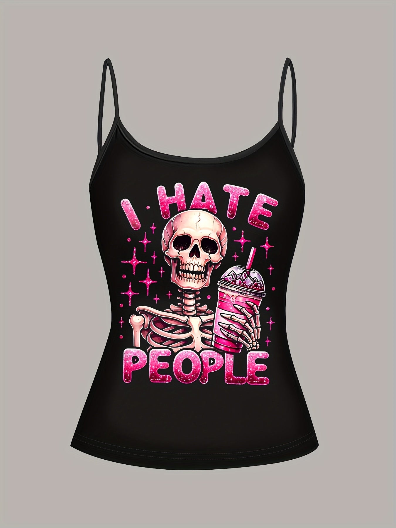 Black Streetwear Vintage Design Tank Top for Women Featuring a Skull Holding a Coffee Print.