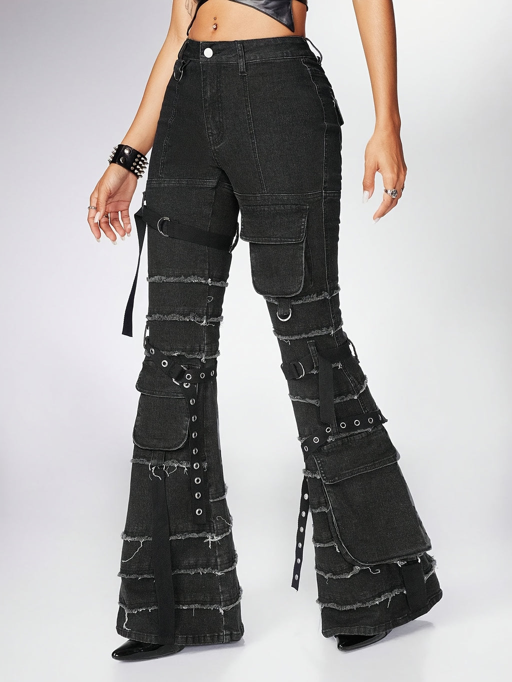 Women's Classic Flared Jeans - Stretchy Non-See-Through Denim Pants with Adjustable Drawstring, All-Season Streetwear Trousers for Casual & Formal Outfits (Machine Washable) - Ready-to-Wear Inventory, Versatile Clothing, Nontransparent Fabric