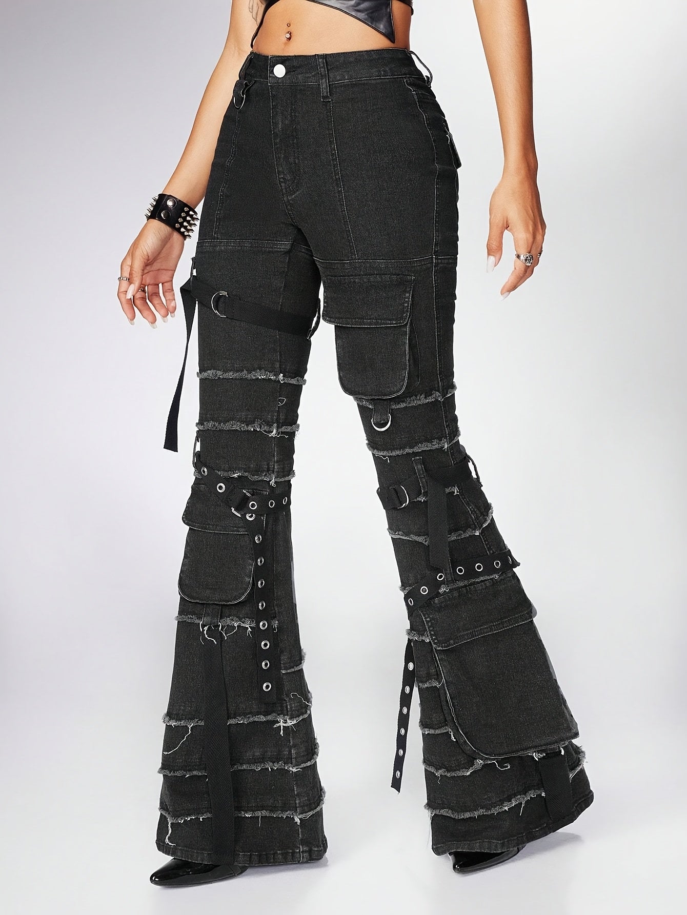 Women's Classic Flared Jeans - Stretchy Non-See-Through Denim Pants with Adjustable Drawstring, All-Season Streetwear Trousers for Casual & Formal Outfits (Machine Washable) - Ready-to-Wear Inventory, Versatile Clothing, Nontransparent Fabric