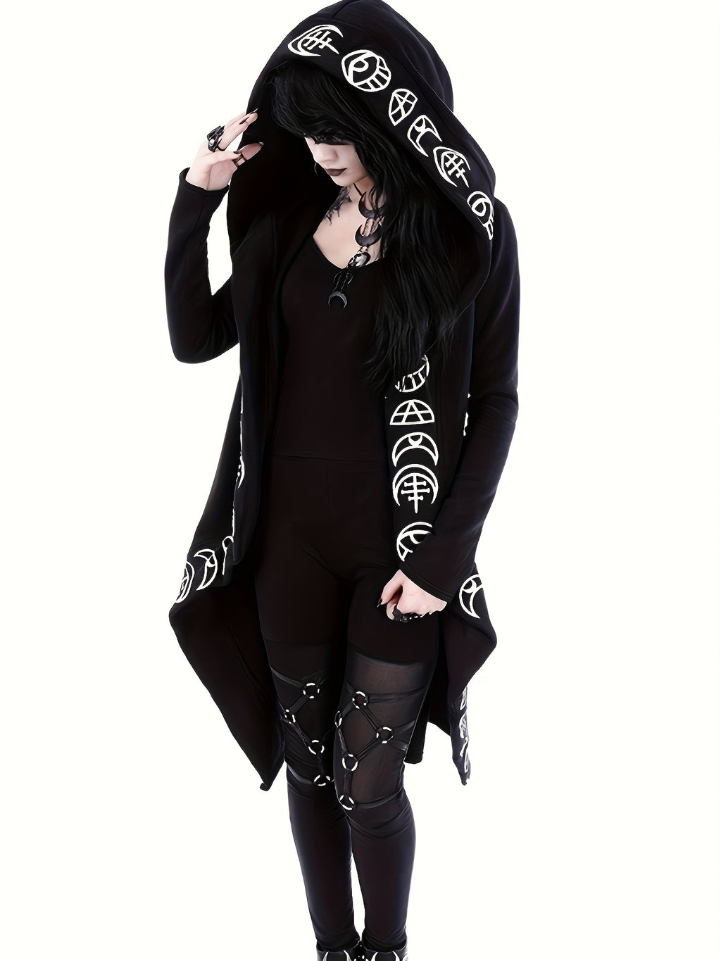 Gothic Witchcraft Pattern Hooded Cardigan for Women, Long Sleeves with Hood