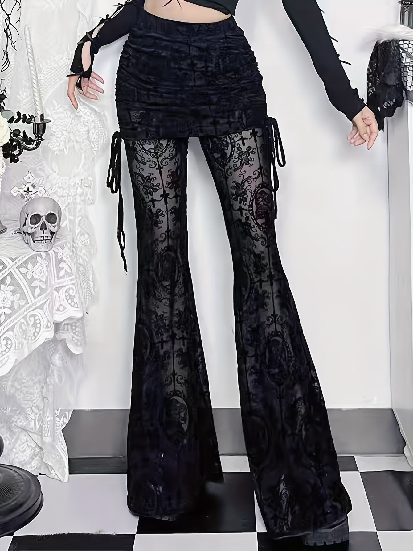 Women'S Gothic Halloween Flare Pants - Dark Vintage Gothic Pants with Drawstring Waist, Flared Legs for Halloween Costume, Party Outfit - All-Season Formal & Casual Attire - Non-Belted Fit for Easy - Gothic Fashion Pants, Goth Accessories, Themed Event A