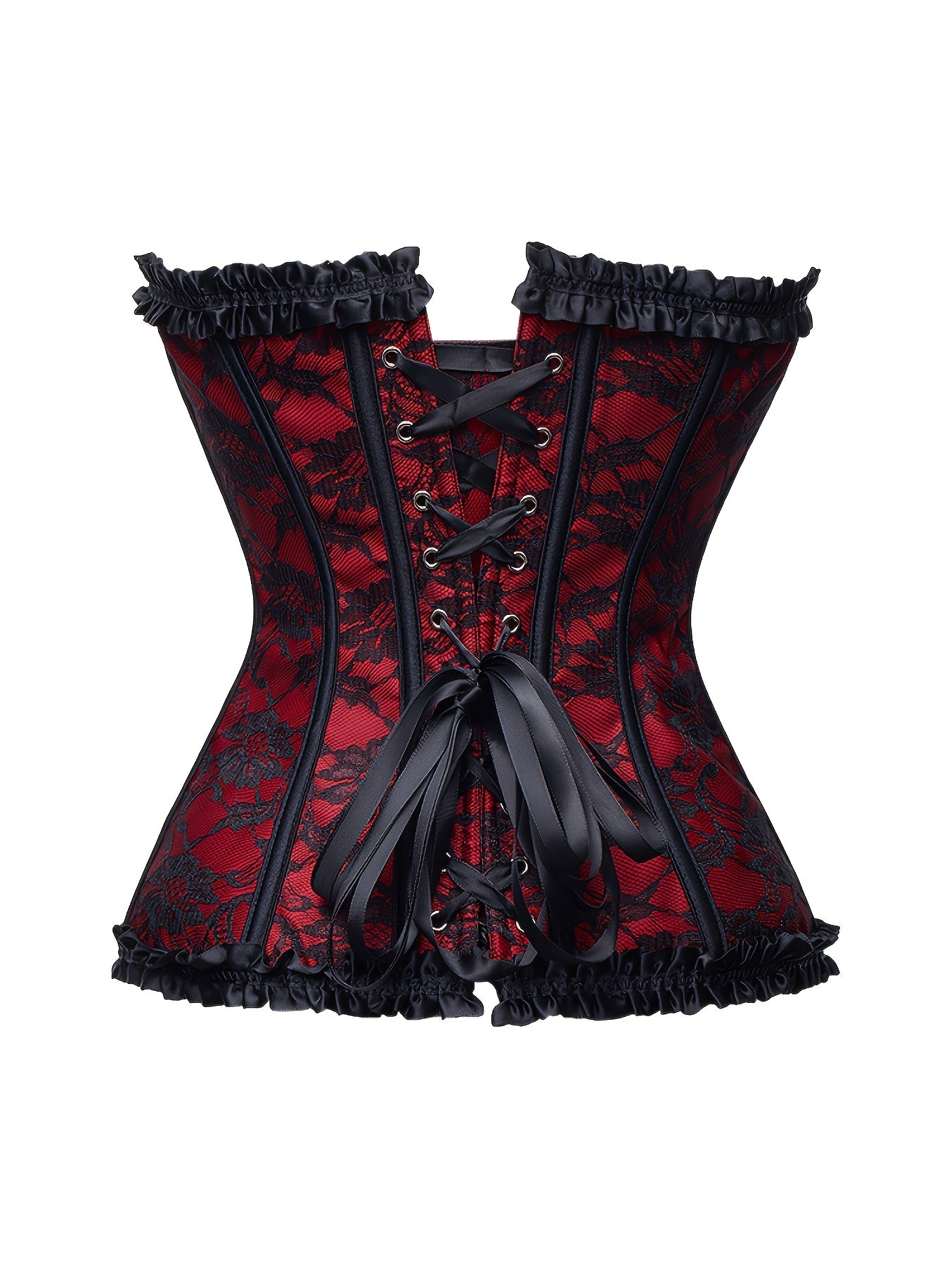 Women's Victorian-Style Burgundy & Black corset top - Lace-like front closure with Ruffled Trim, Boned Bustier Shirt for Waist-Cinching, Gothic/Party/Themed Events - Hand Washable - Vintage-Inspired A-Line Silhouette with Ruffled Neckline & Back Strap -