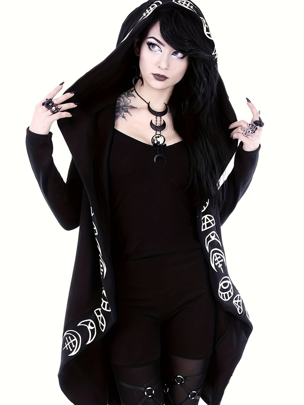 Gothic Witchcraft Pattern Hooded Cardigan for Women, Long Sleeves with Hood