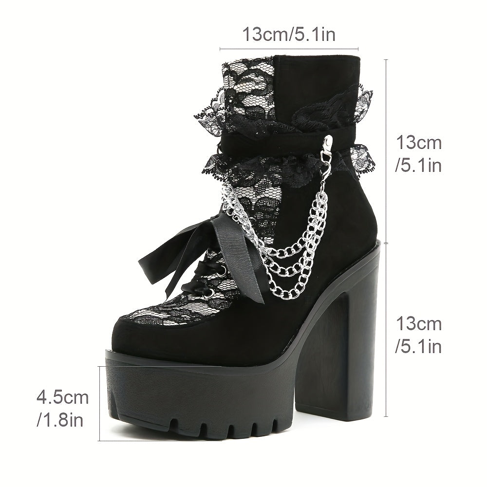 GDGYDH Women's Chunky Platform Boots - Gothic Vintage ankle boots with Lace-like side zipper, Chunky heels for Dresses, Parties, Everyday - All-Season Gothic footwear (Black/Chain accented), Party Shoes, Floral Pattern Footwear, Durable Sole Shoes, Pu Co