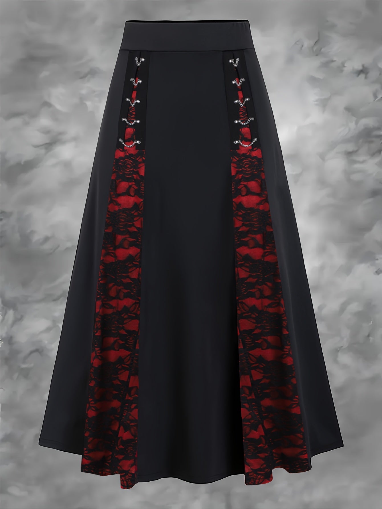 Women's Elegant Gothic A-Line Midi Dress, Red Fabric Patchwork Rose Lace Vintage Style with Chain Design - Suitable for Spring Summer Autumn Winter Party Wear and Everyday Outfits