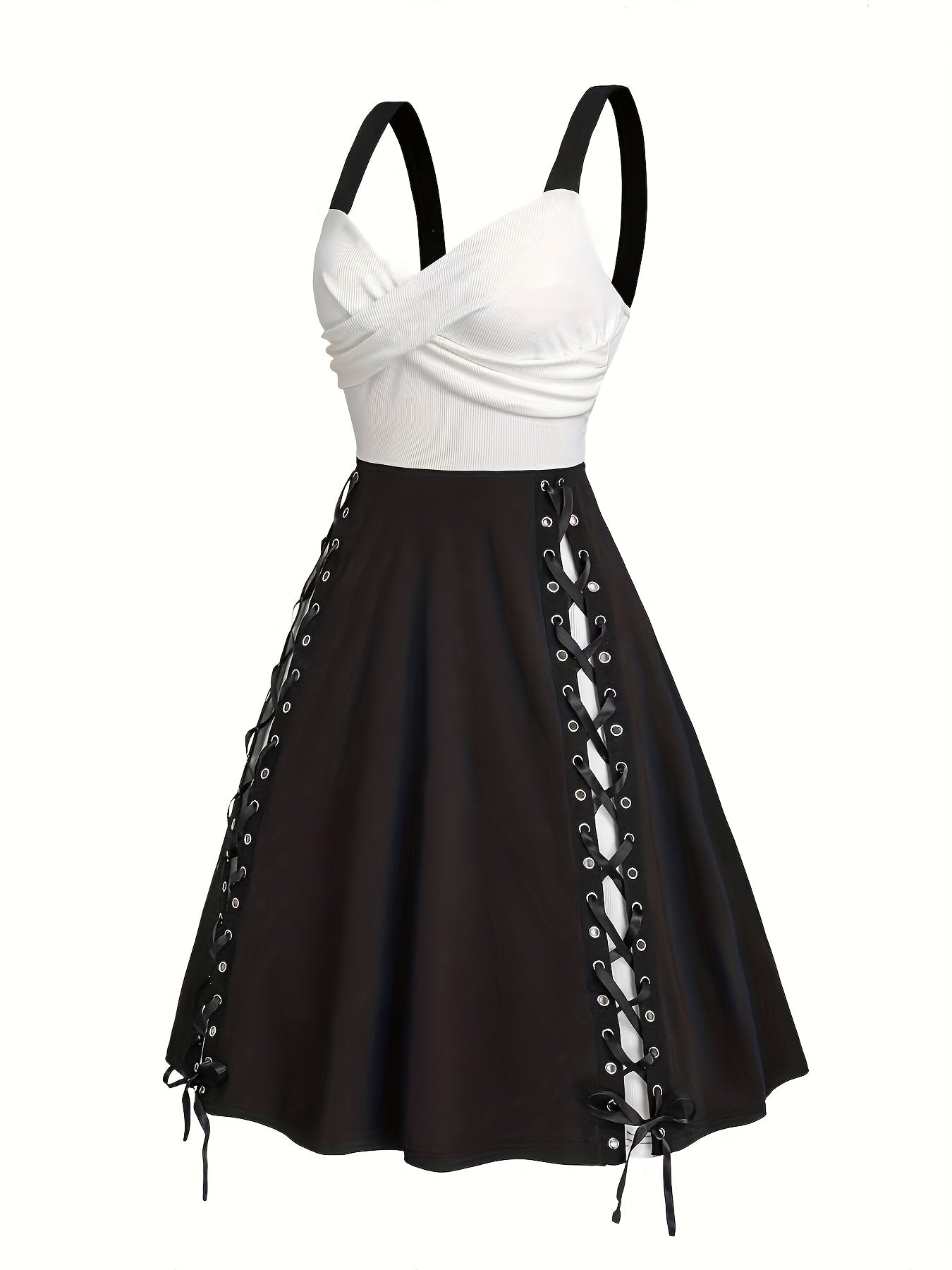 Women's Sexy Color-Block Cross Front Strap Spaghetti Suspender Dress - Stretchy Fitted Top & Flowy Skirt, Machine Washable Black & White Contrast Dress for Spring Summer Fall Casual to Semi-Formal Occasions, Spring Fashion | Halter Neck Dress | Stylish Z