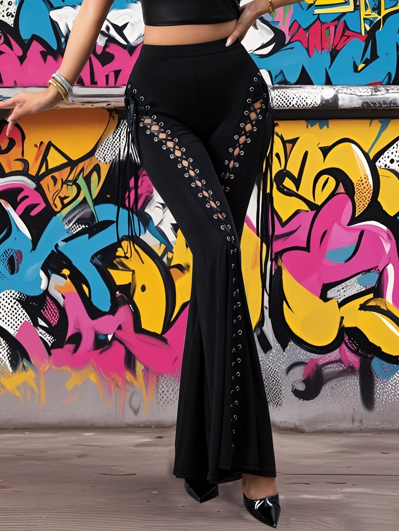 Sexy Dark Style Lace-Up Flared Pants - Fashionable and Elegant Slim Fit Long Trousers