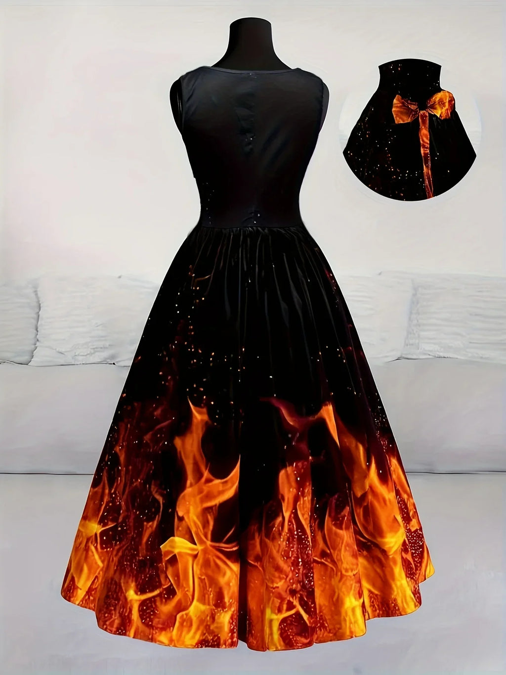 Women'S Halloween Party Dress - Flamingo-like Flame Print in Orange/Red/Black - Formal & Costume Events - Flared Skirt with Waist-Cinching - Retro Gothic Party Outfit for Halloween, Themed Parties - Easy-to-Wear Party Attire, Halloween Costumes, Themed E