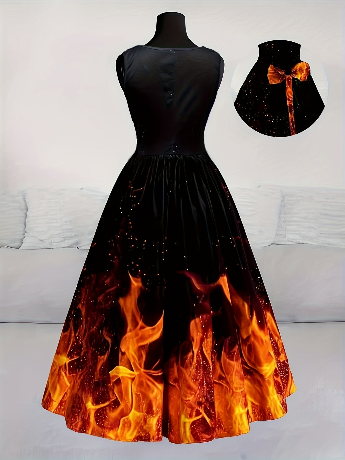 Women'S Halloween Party Dress - Flamingo-like Flame Print in Orange/Red/Black - Formal & Costume Events - Flared Skirt with Waist-Cinching - Retro Gothic Party Outfit for Halloween, Themed Parties - Easy-to-Wear Party Attire, Halloween Costumes, Themed E