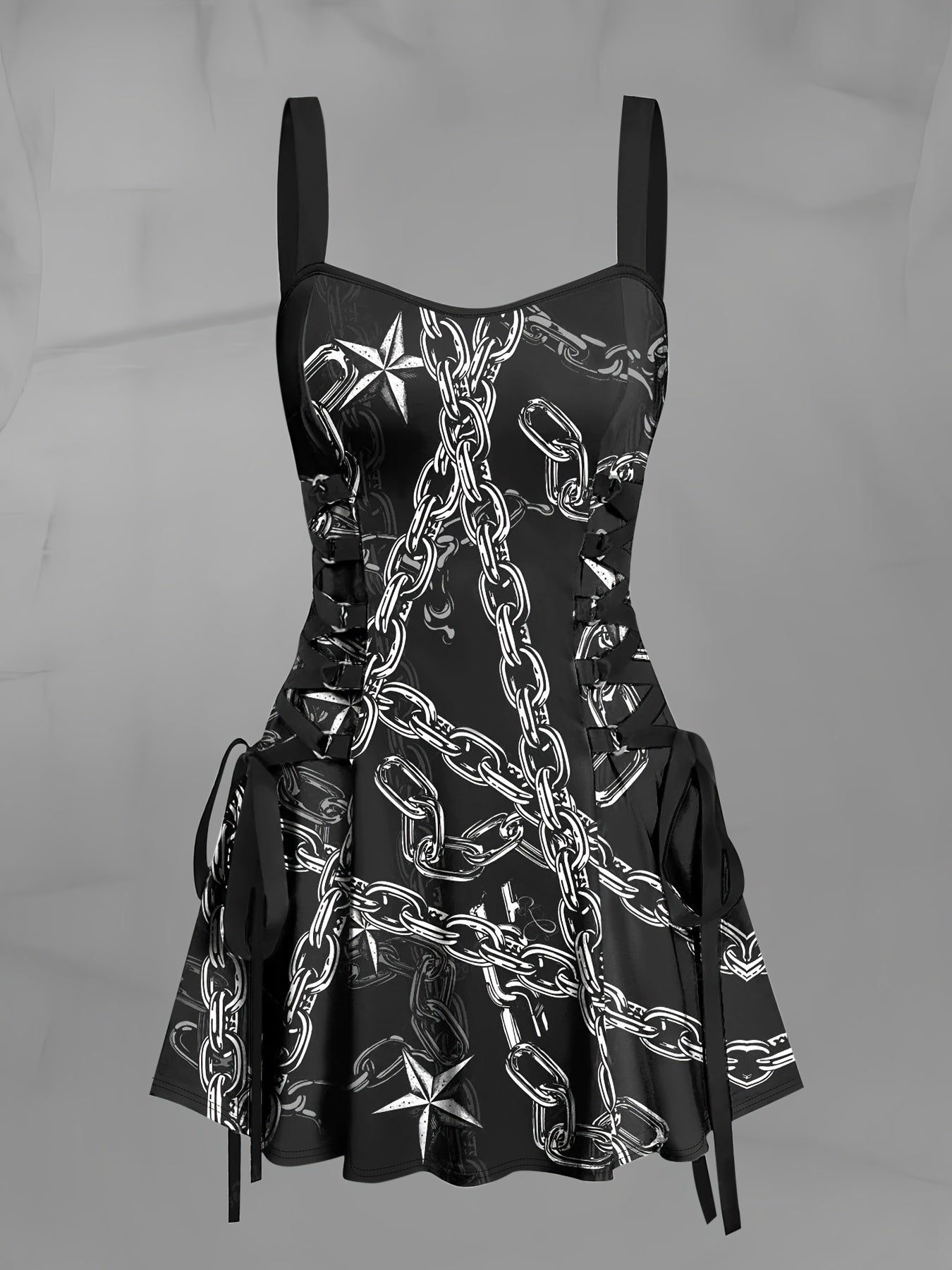 Women's Vintage Chain Print Cami Dress - Stretchy Black & White Chain Design, Adjustable Thin Straps, Ruffled Hem, Machine Washable - Perfect for Spring/Summer
