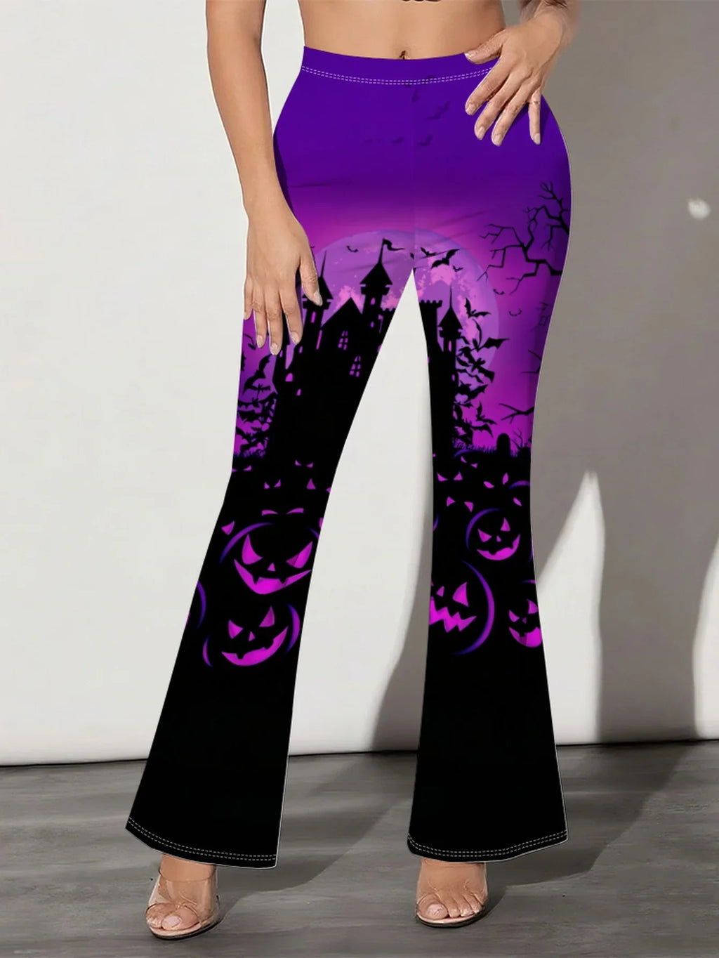 Women's Gothic Vampire Bat & Haunted Castle Wide-Leg Bell-Bottom Pants - Vibrant Purple & Black Full-Body Print Trousers for Halloween Costume Party Outfit, Casual Wear, Women Pants, Fall Clothes For Women