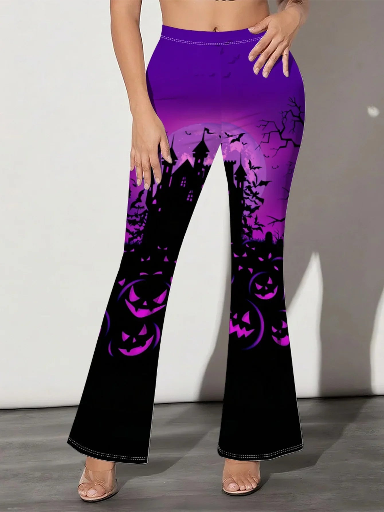 Women's Gothic Vampire Bat & Haunted Castle Wide-Leg Bell-Bottom Pants - Vibrant Purple & Black Full-Body Print Trousers for Halloween Costume Party Outfit, Casual Wear, Women Pants, Fall Clothes For Women