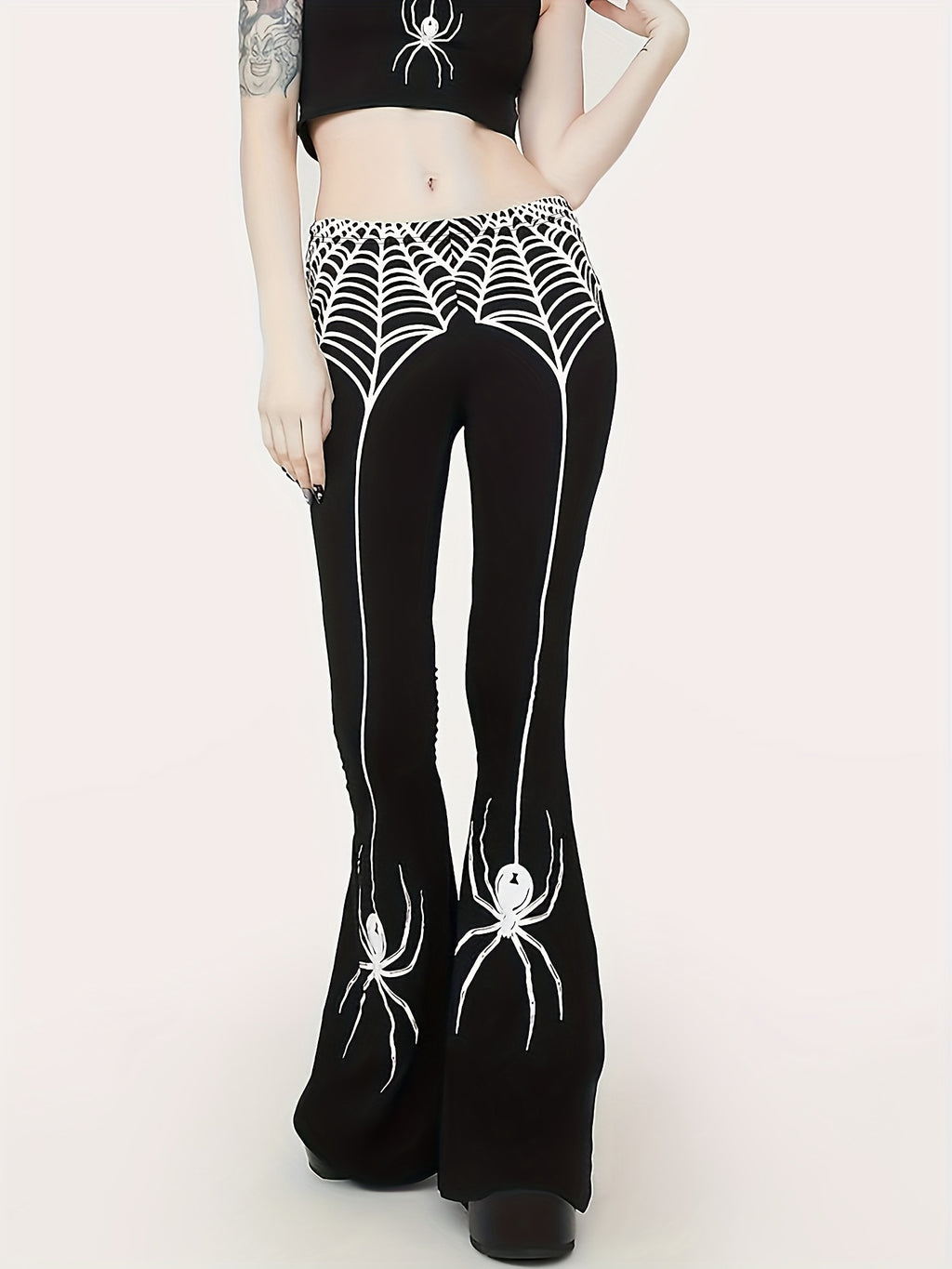 Women'S High-Waist Stretchy Flare Pants with Spider & Web Print - Sexy Black & White Design, Slim Fit, All-Season Comfort, Perfect for Casual or Stylish Outfits, High Waisted Leggings, Halloween Costume Women, Halloween Trouser Women, Halloween Pant Wome