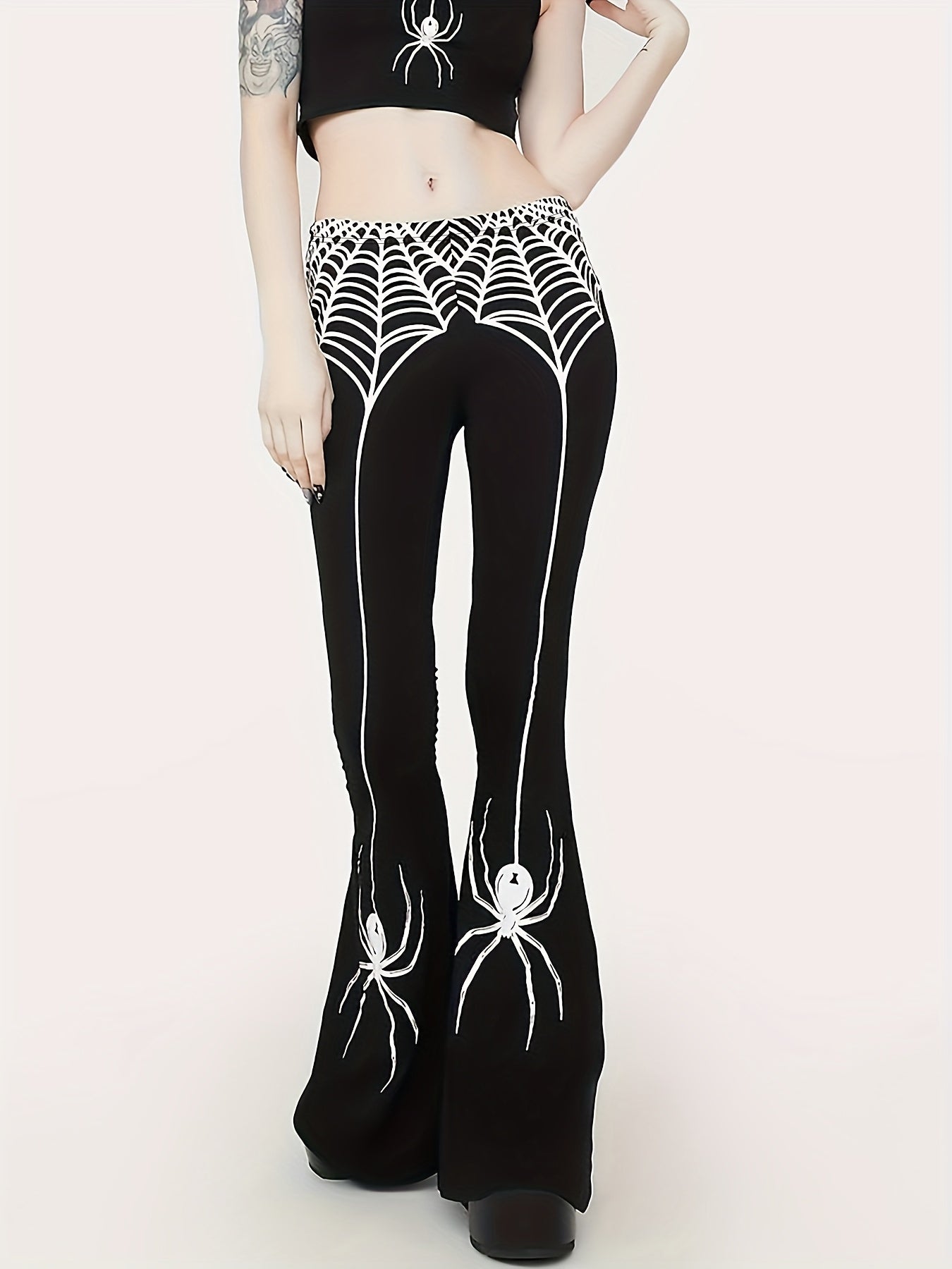 Women'S High-Waist Stretchy Flare Pants with Spider & Web Print - Sexy Black & White Design, Slim Fit, All-Season Comfort, Perfect for Casual or Stylish Outfits, High Waisted Leggings, Halloween Costume Women, Halloween Trouser Women, Halloween Pant Wome