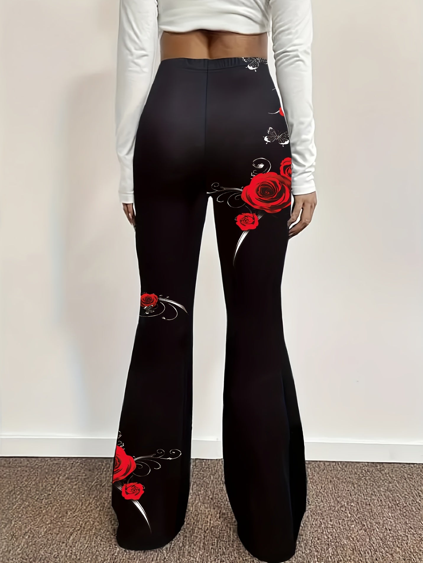 Women'S Elegant Floral Print Flare Leg Pants - Black with Red Roses & Green Leaves, Wide-Leg Design, All-Season Comfort, Perfect for Casual or Formal Occasions, Comfortable Fashion | Floral Print Pants | Stretchy Fabric