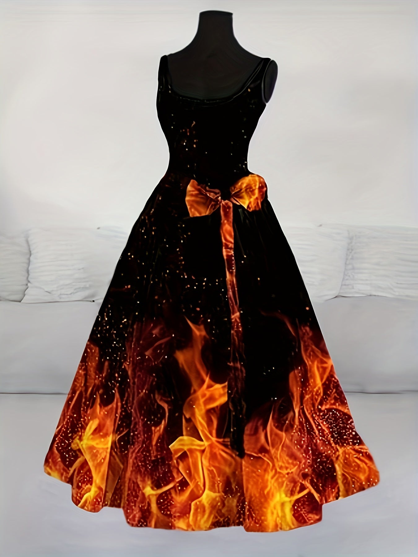 Women'S Halloween Party Dress - Flamingo-like Flame Print in Orange/Red/Black - Formal & Costume Events - Flared Skirt with Waist-Cinching - Retro Gothic Party Outfit for Halloween, Themed Parties - Easy-to-Wear Party Attire, Halloween Costumes, Themed E