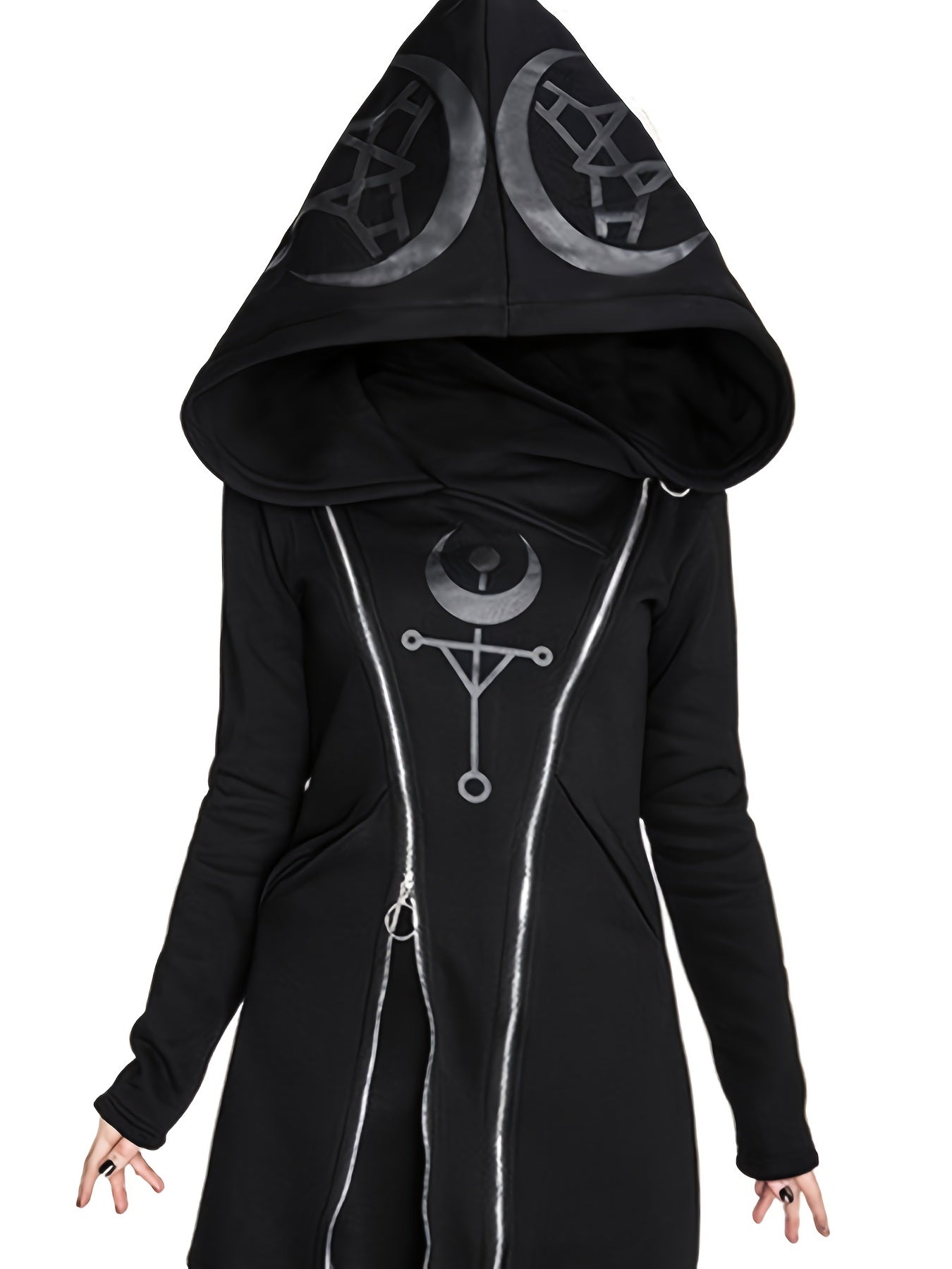 SLL Women's Elegant Geometric Print Hooded Zip-Up Jacket - Black with White Mystical Symbols, Medium Stretch Machine-Washable All-Season Outerwear, Casual Wear, Celestial Design, Durable Fabric