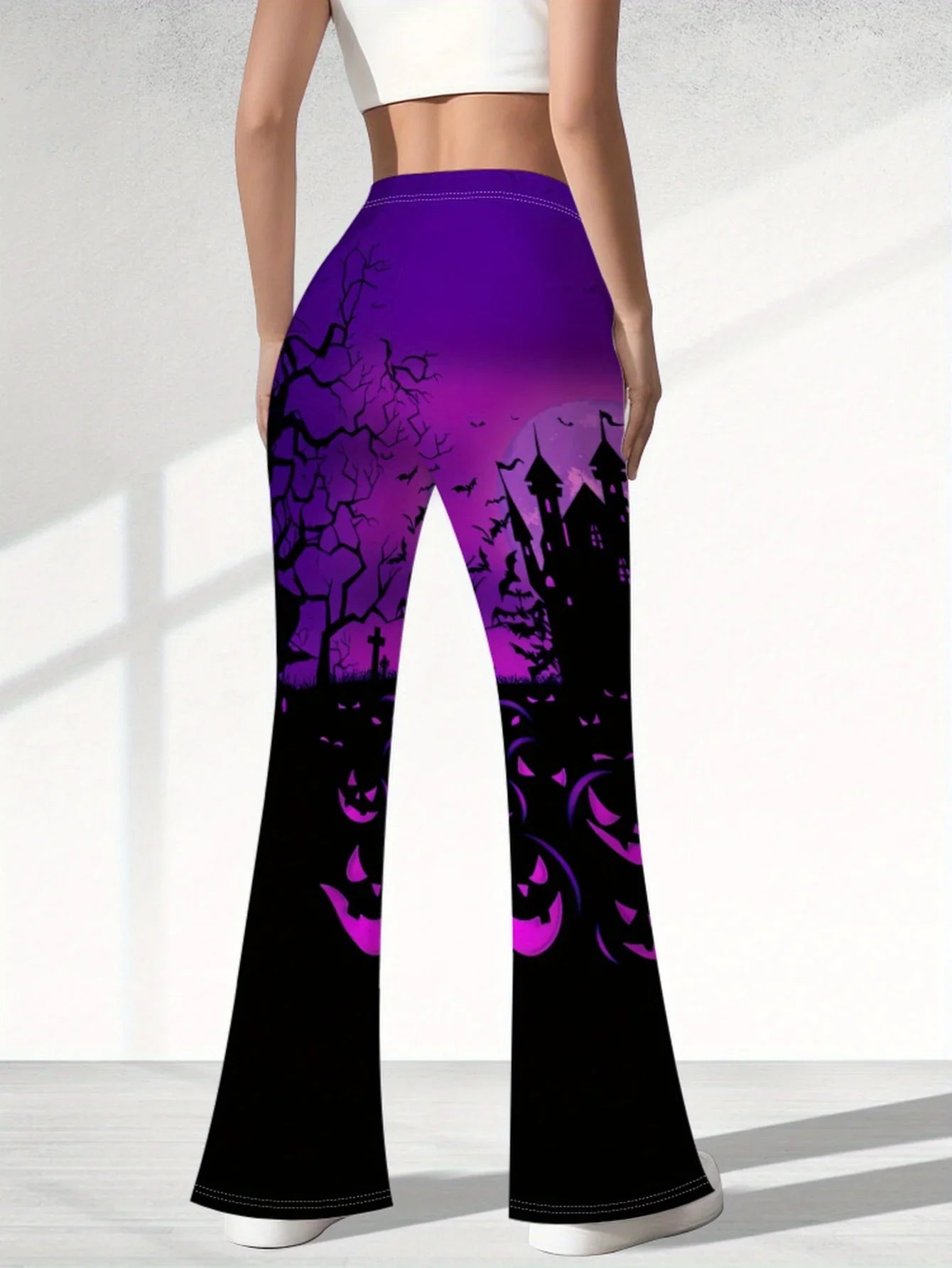 Women's Gothic Vampire Bat & Haunted Castle Wide-Leg Bell-Bottom Pants - Vibrant Purple & Black Full-Body Print Trousers for Halloween Costume Party Outfit, Casual Wear, Women Pants, Fall Clothes For Women