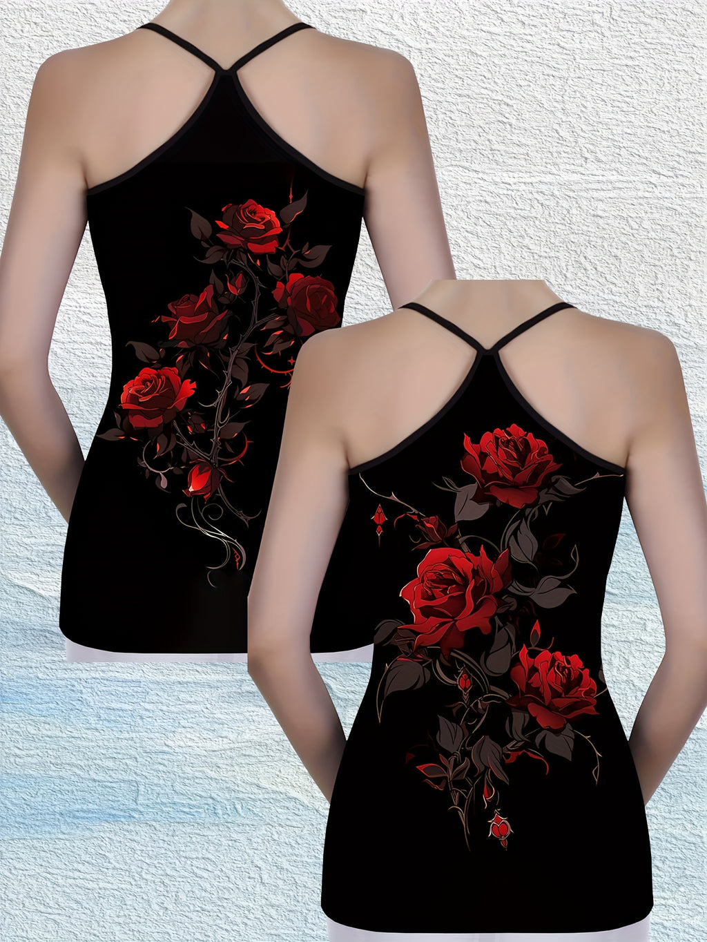2pcs Women's Elegant Sleeveless Tank Tops - Black Floral Print with Red Roses & Green Leaves, Stretchy Comfort Fit, Round Neck, Machine Washable for Spring Summer Fall Casual & Formal Wear, Ladies Tank Tops, Round Neck Top, Stretchy Fabric