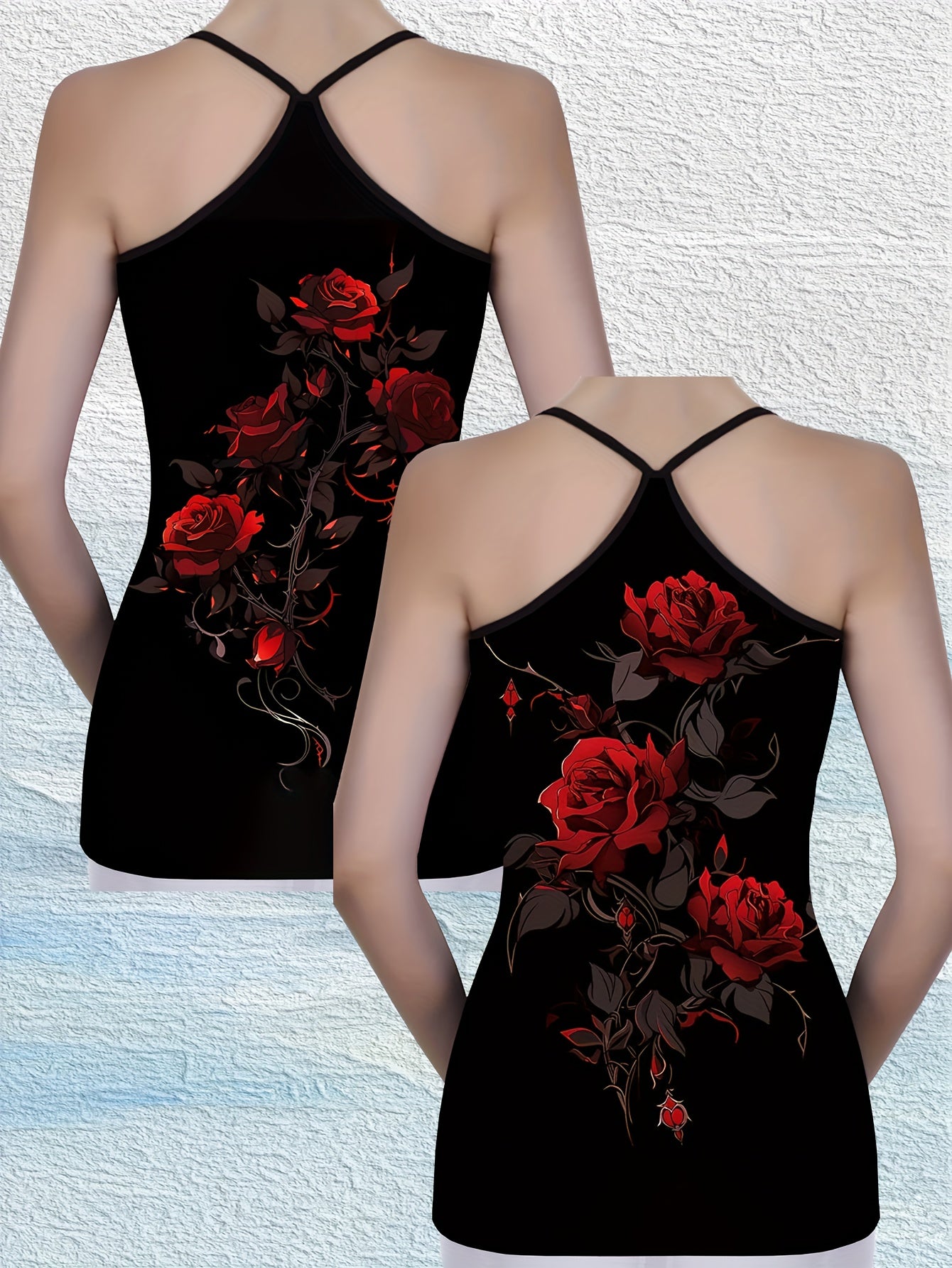2pcs Women's Elegant Sleeveless Tank Tops - Black Floral Print with Red Roses & Green Leaves, Stretchy Comfort Fit, Round Neck, Machine Washable for Spring Summer Fall Casual & Formal Wear, Ladies Tank Tops, Round Neck Top, Stretchy Fabric