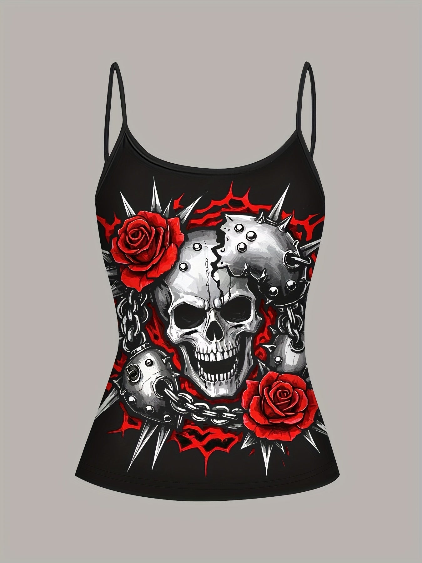 Glamorous, Women'S Summer Fashion Printed Slingback Tank Top with Red Rose and Skull Design, Elegant Gothic Style, Lightweight Polyester, Perfect for Casual or Stylish Outfits, Ladies Tank Tops