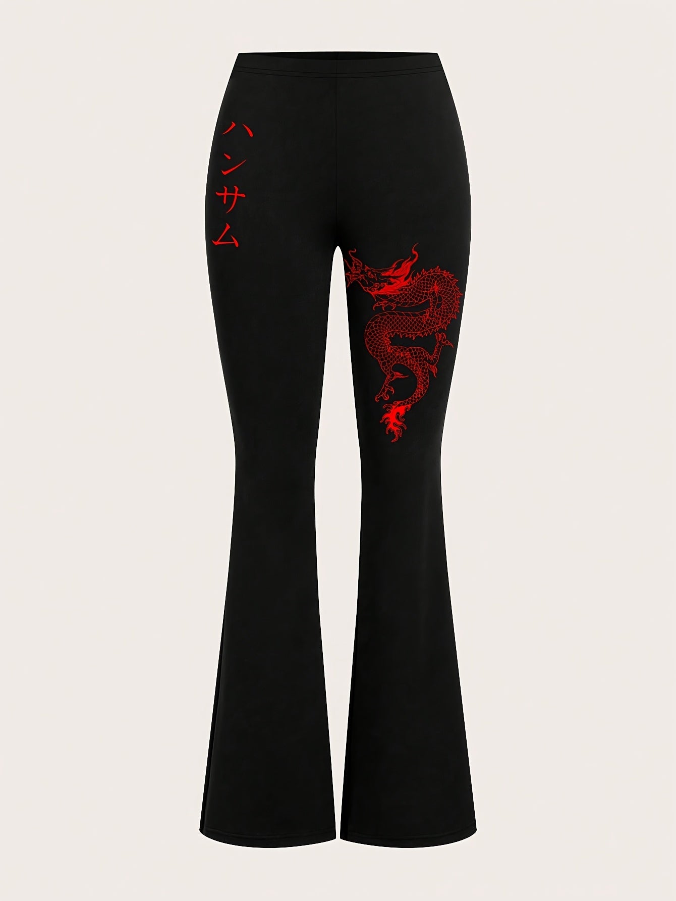 Women'S Flare Leg Pants, 95% Polyester 5% Elastane, Printed All-Season Knit Fabric, 180g/m², Adult Flared Trousers with Dragon Pattern
