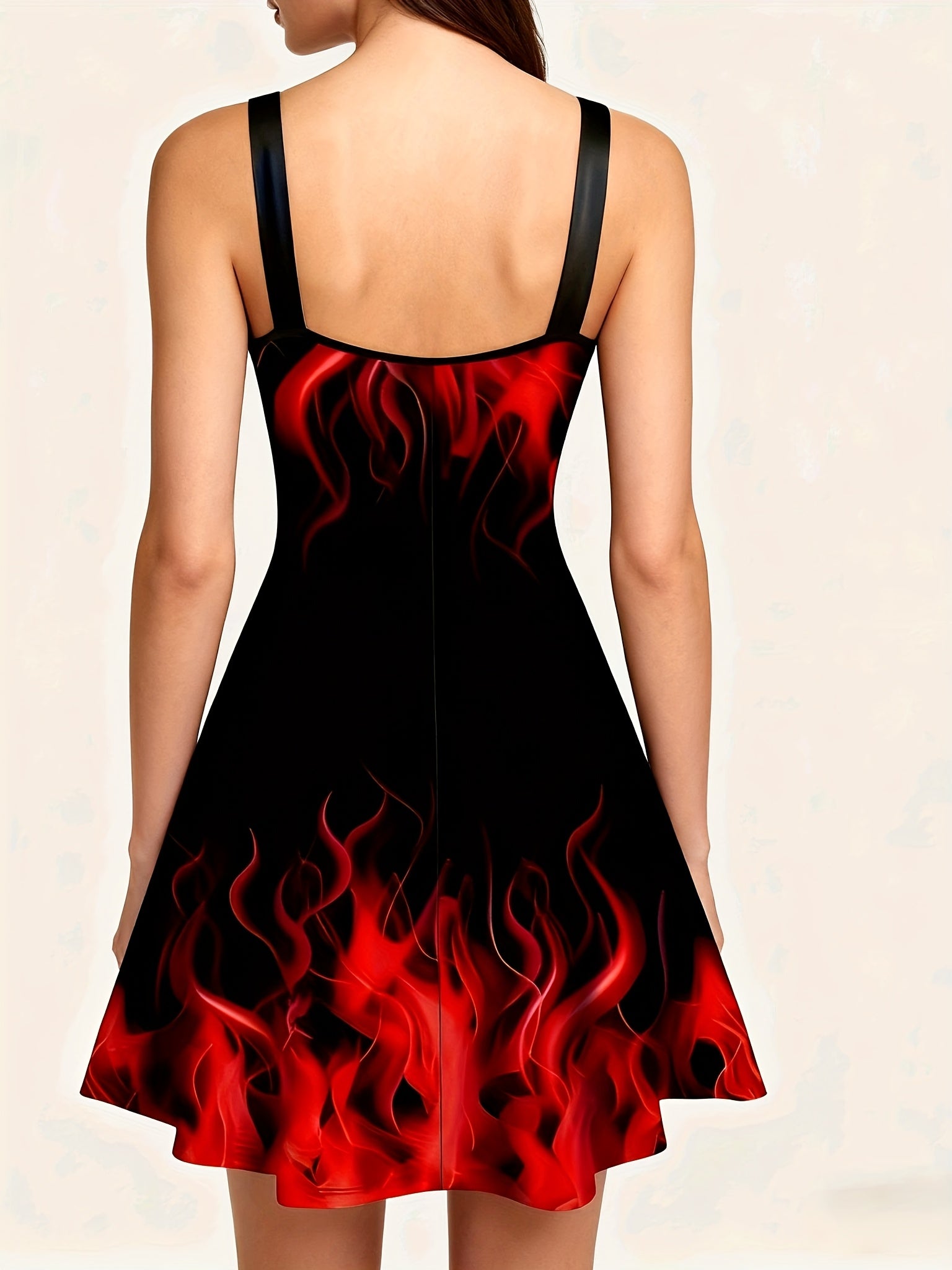 Women's Sexy Flame Print Dress - Spaghetti Strap Party & Everyday Outfit - Black to Red Ombre Fire Pattern - Machine Washable Formal or Casual Evening Dress