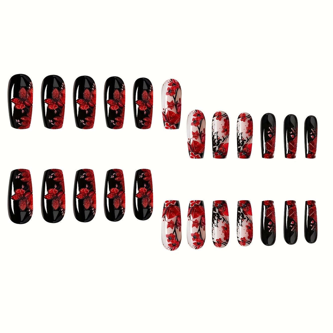 A box of 24 long coffin-shaped nails, black and nude with red 3D floral design and sequin embellishments, nail sticker set, with nail file and jelly glue. Suitable for all women, perfect for daily, festival and party use