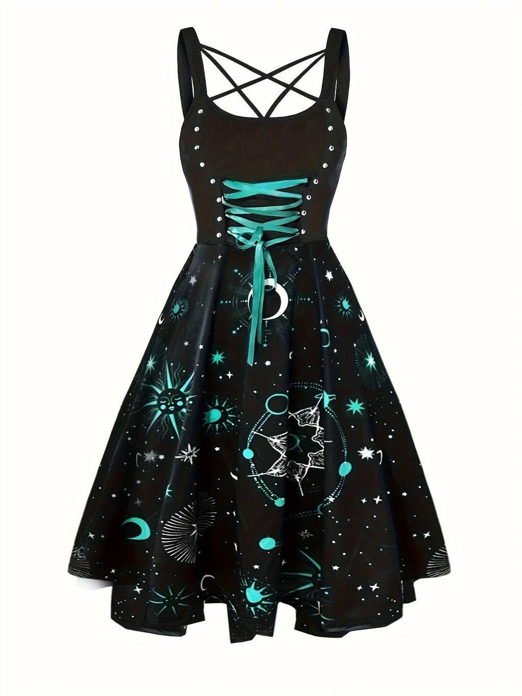 Lace Up Graphic Print Big Swing Dress, Y2K Crisscross Sleeveless Dress For Spring & Summer, Women's Clothing