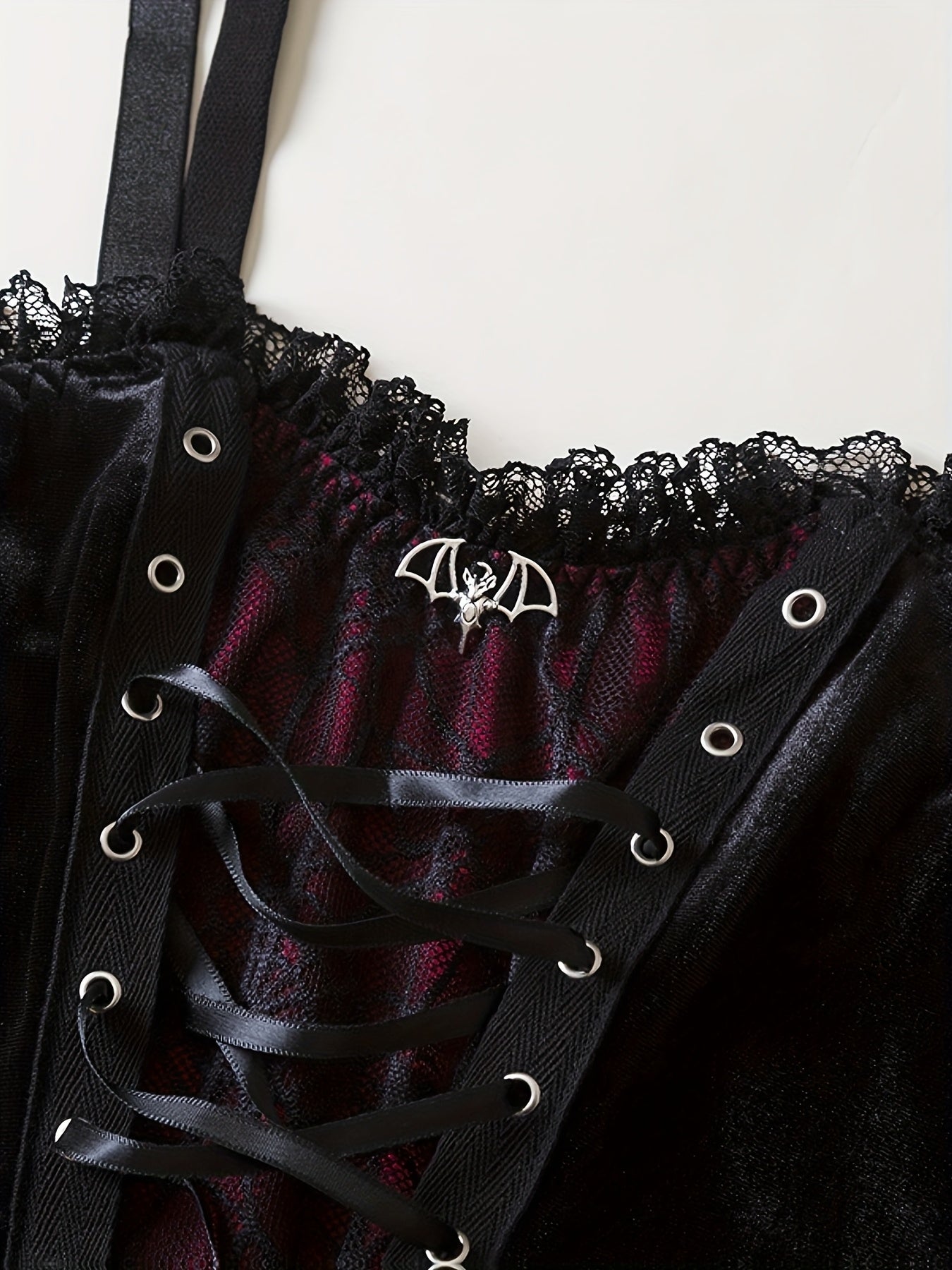 's Gothic Y2K Burgundy & Black Lace-like Short Sleeveless Smock Top - Adjustable Lacing Back, Short Length (No Padding), Retro Vintage Collar - Layering Piece for Dresses, Blouses, Gothic Outfits (Hand Washable)