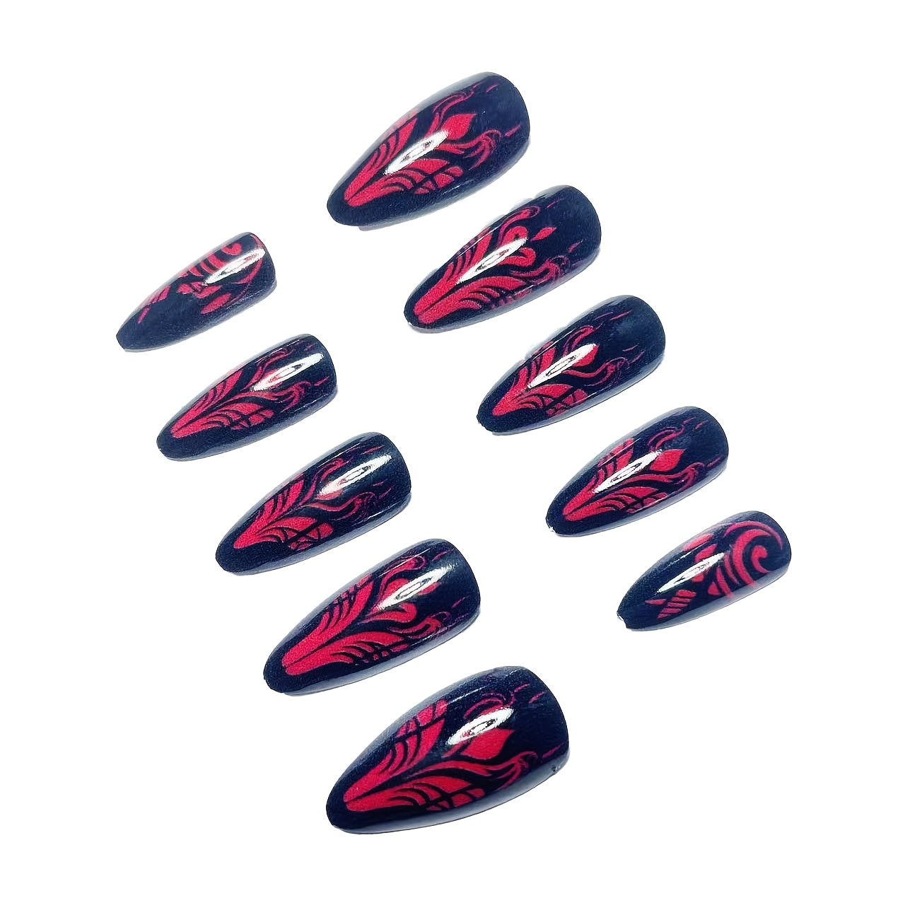 Women'S Nail Set Black and Red Almond Style Medium Length with Black and Red Striped Design Heart Glossy Wearable Nails, ABS Material, Almond Shape, Medium Length, Heart Pattern, Glossy Finish, Nail Art, Nail Art Supplies, Nail Art Design, Press On Nail