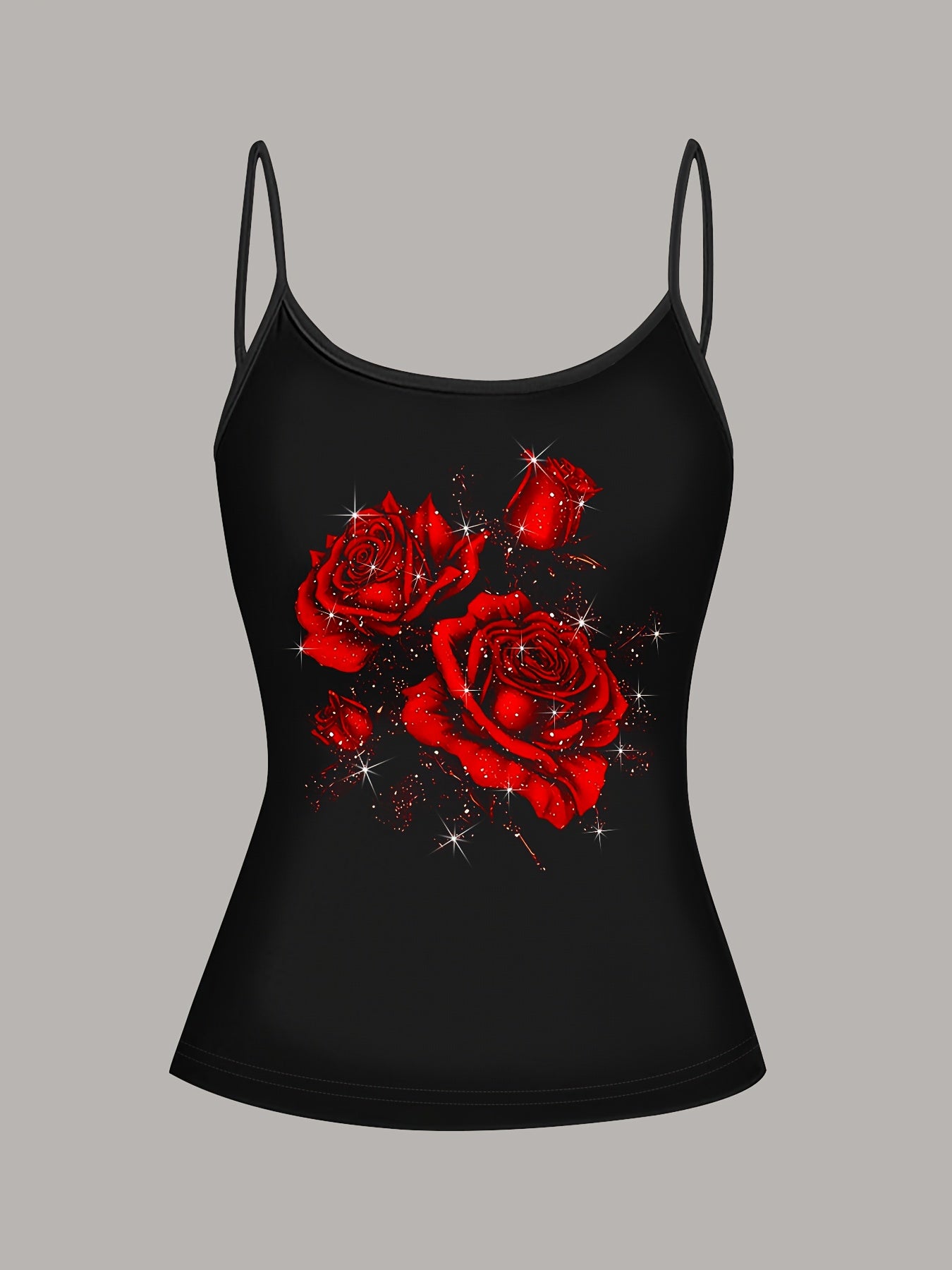 Women'S Elegant Red Rose & Starry Night Print Spaghetti Strap Tank Top - Summer Sleeveless Shirt with Sparkling Accents, Black & Red Romantic Rock Style for Casual Outings, Parties & Dates, Red Tank Top, Summer Top, Sleeveless Top For Women, Top For Wome