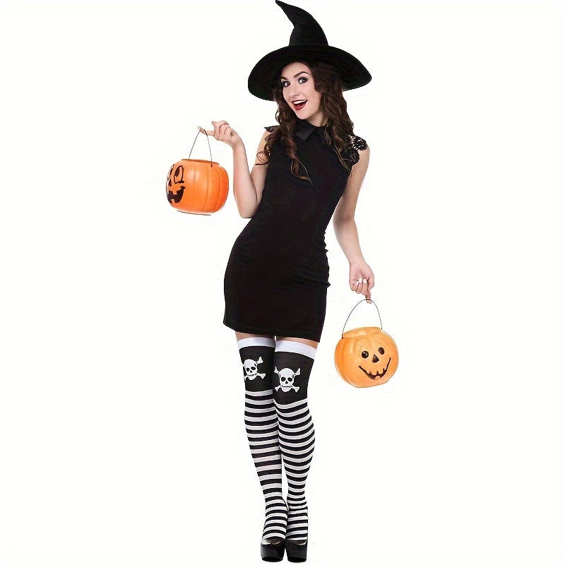 4 Pairs Skull & Striped Print Thigh High Stockings, Halloween Cosplay Festival Over The Knee Socks, Women's Stockings & Hosiery