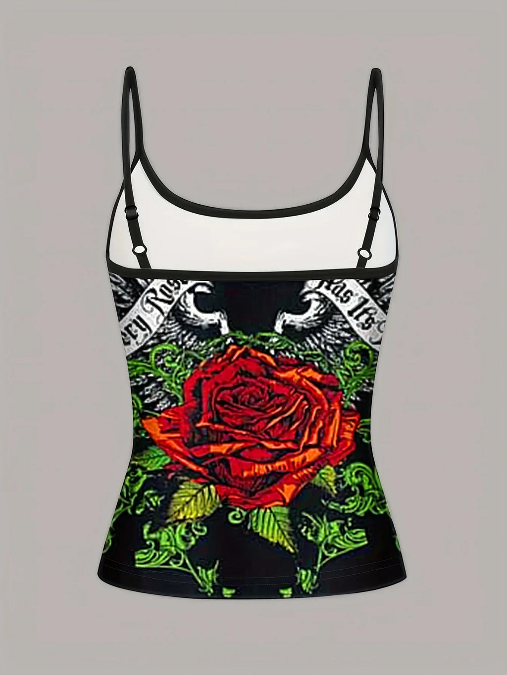 Women'S Elegant Green Rose Print Sleeveless Tank Top - Soft Polyester Fabric, Summer Style, Spaghetti Strap, Floral Design with "Paisley" Text, Floral Tank Top|Elegant Tank Top|Polyester Fabric