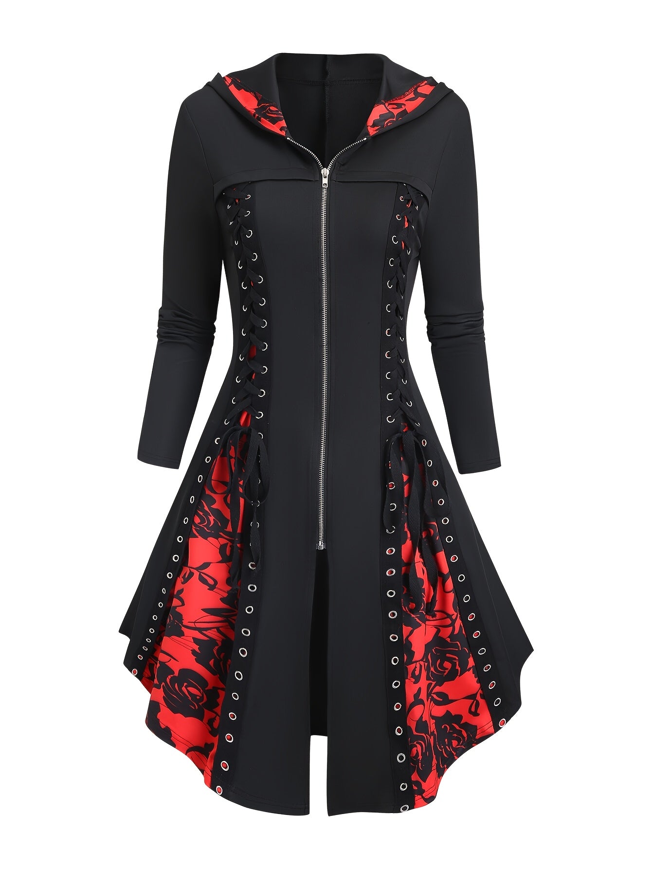 Women'S Gothic Costume Dress - Black & Red Floral party, with Front Zipper Closure, Hooded Neckline - Formal Events, Halloween, Everyday Gothic Outfits - Easy-to-Wear Gothic Attire, Goth Accessories, Halloween Outfit, Vintage Aesthetic, Durable Material,