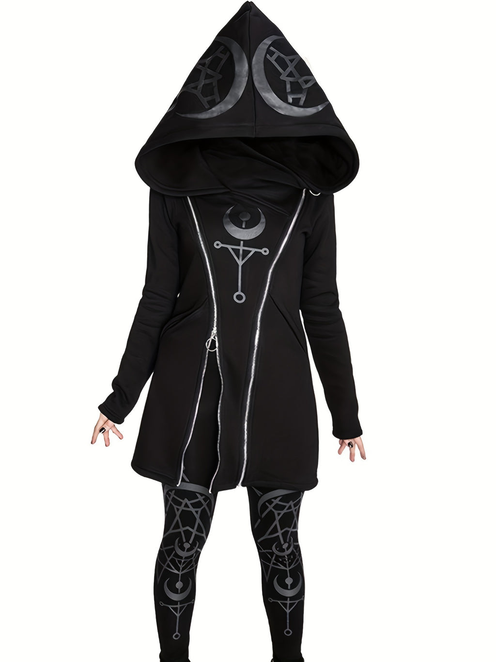 SLL Women's Elegant Geometric Print Hooded Zip-Up Jacket - Black with White Mystical Symbols, Medium Stretch Machine-Washable All-Season Outerwear, Casual Wear, Celestial Design, Durable Fabric